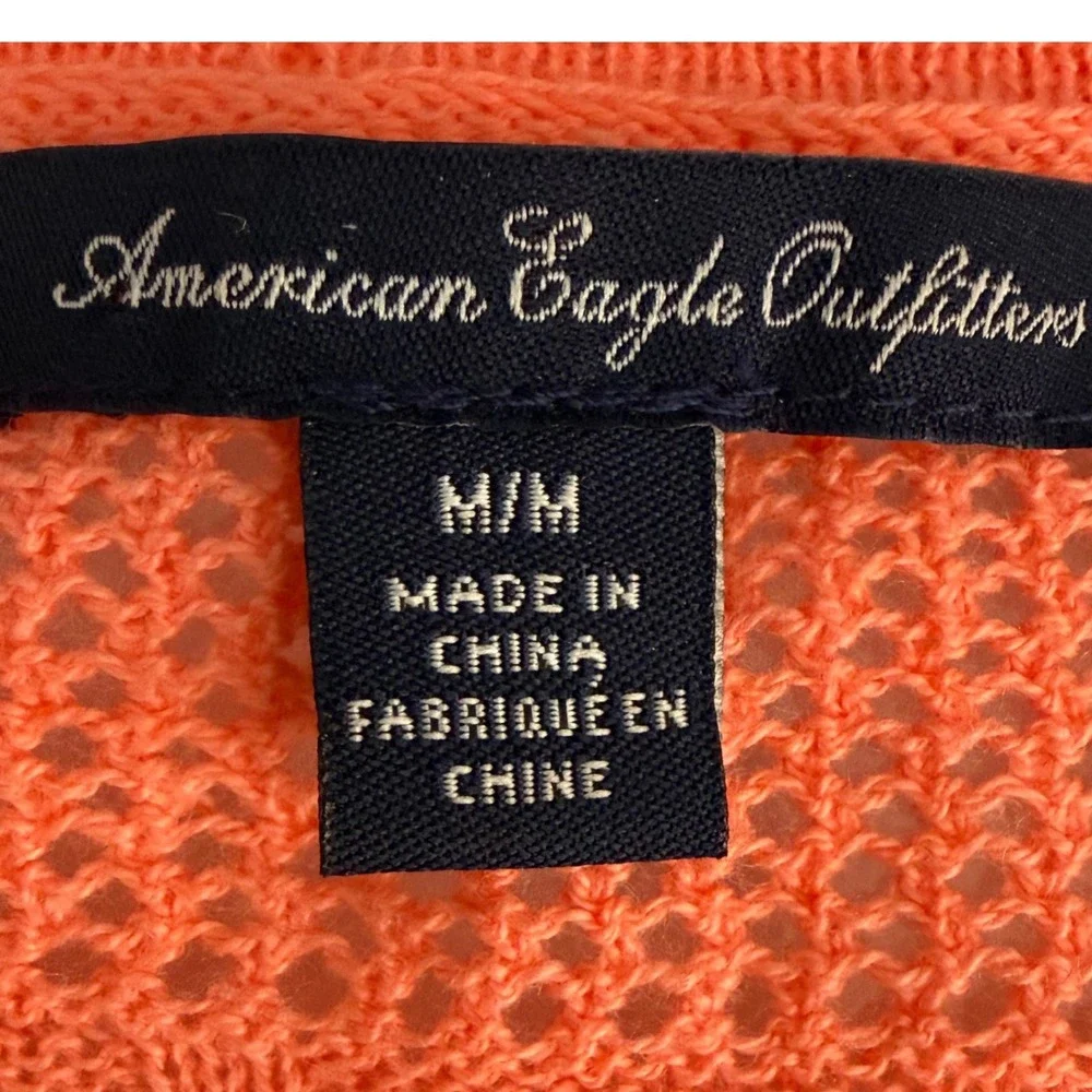 American Eagle M Cardigan Coral Orange Pointelle Diamond Open Knit‎ Retro 2012